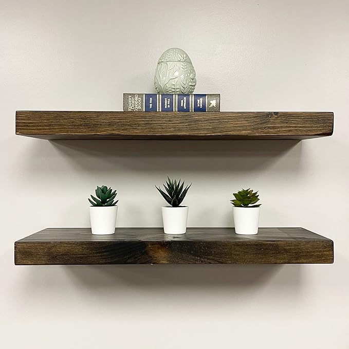 URBANDI, Rustic Floating Shelves, Set of 2, Hidden Bracket, Solid Wood, Heavy Duty, Wall Mounted Shelves, (Dark Brown, 12Wx10D)