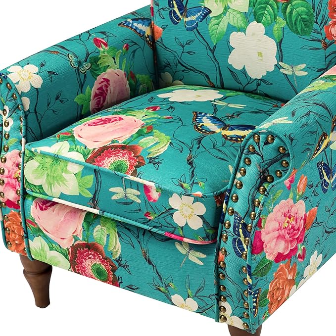 HULALA HOME Modern Wingback Accent Chair with Wood Legs & Removable Cushion, Comfy Upholstered Armchair with Nailhead Trim, Floral Pattern Single Sofa Chair for Living Room Bedroom, Blue