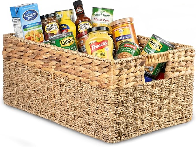 Medium Wicker Basket for Storage, Natural, Seagrass and Hyacinth Woven Baskets for Décor with Built-In Handles, Rectangular, Shelf Organizing for Bedroom, Pantry - Medium Size - 15.5x9.5x6.5 in