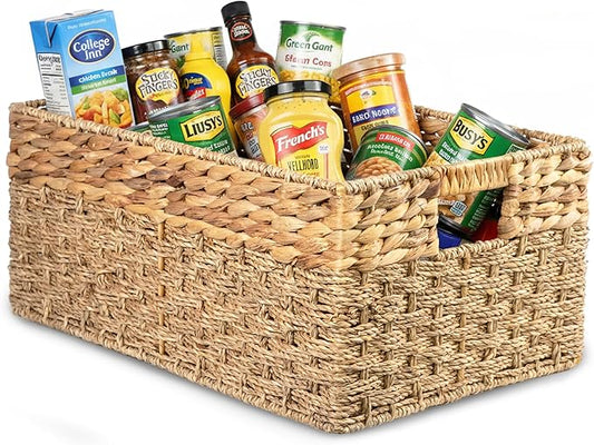 Medium Wicker Basket for Storage, Natural, Seagrass and Hyacinth Woven Baskets for Décor with Built-In Handles, Rectangular, Shelf Organizing for Bedroom, Pantry - Medium Size - 15.5x9.5x6.5 in