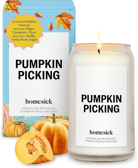 Homesick Scented Candles for Home (Pumpkin Picking) - 13.75 oz Natural Long-Lasting Soy Wax Blend Jar Candle Gifts for Women & Men, 60-80 Hours Burn Time - Notes of Pumpkin, Nutmeg & Ginger