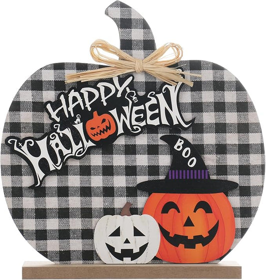 Super Holiday Halloween Pumpkin Decorations, 11"/28CM Wooden Buffalo Plaid Tabletop Decorations, for Home Farmhouse Living Room Indoor Party Decor.