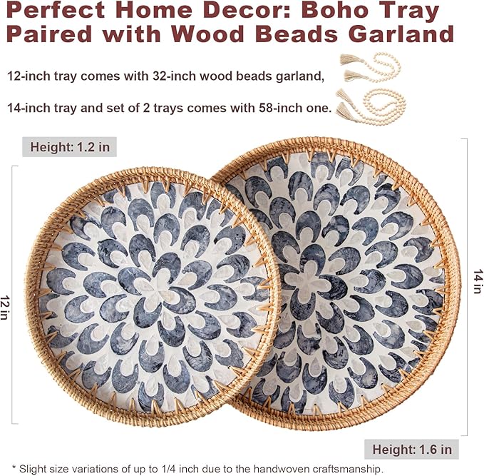 14 inch Round Rattan Tray Home Decor with Wood Bead Garland, Wicker Serving Tray with Mother of Pearl Inlay, Boho Decorative Tray for Coffee Table, Ottoman, Kitchen Table, Bathroom (Coastal Blue)