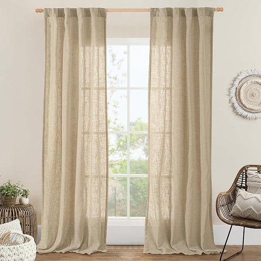 LAMIT Linen Blended Curtains for Bedroom, Faux Linen Textured Light Filtering Drapes Back Tab and Rod Pocket Boho Burlap Panels for Farmhouse/Living Room, 2 Panels, 38 x 84 Inch, Brown