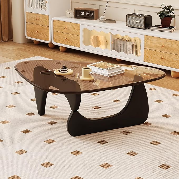 Coffee Table for Living Room Mid Century Modern Center Table with Glass Top and Oak Wood, Brown/Black