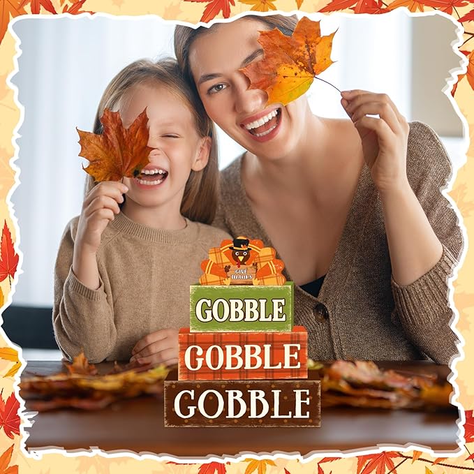 4 Pcs Fall Decorations for Home Thanksgiving Turkey Tiered Tray Decor, Fall Table Decor Farmhouse Rustic Wooden Turkey Block Sign Autumn Harvest Tabletop Centerpieces for Home Kitchen Indoor