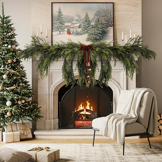 36Pcs Christmas Norfolk Pine Stems, 24'' Long Artificial Evergreen Norfolk Pine Branches, Real Touch Greenery Picks, Faux Floral Branch for Mantel DIY Xmas Home Decoration Indoor Christmas Decor