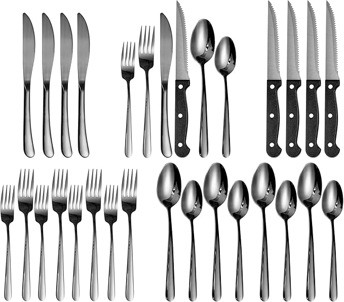 Elegant Tableware Set, 24-Piece Black Silverware Set with Steak Knives, Black Flatware Set For 4, Food-Grade Stainless Steel Set, Dishwasher Safe, Elegant Home Tableware And Dining Utensils