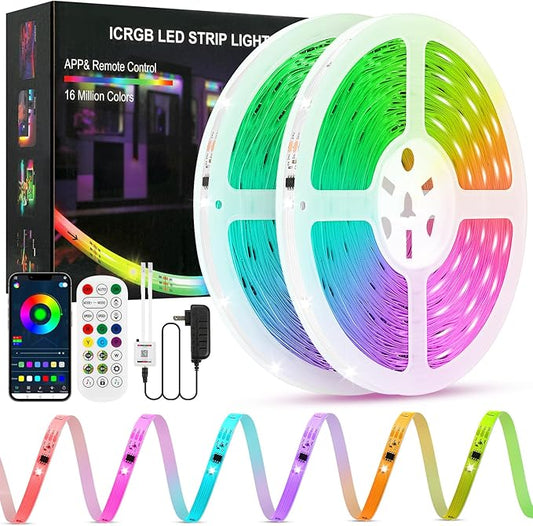 Led Lights for Bedroom, IC+RGB 100FT(2 Rolls of 50ft) Strip Lights, 24Key Remote with App Control, Music Sync Color Changing Lights for Room Decor Party