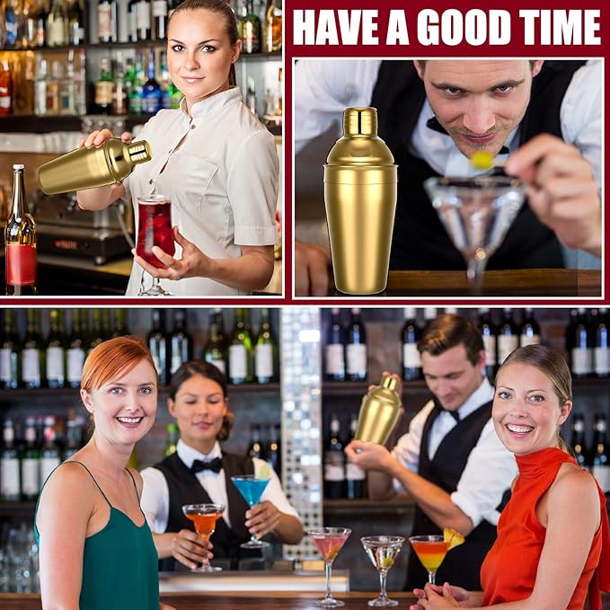 Nitial 6 Pcs Bar Cocktail Shaker Professional Stainless Steel Martini Drink Mixer Built-in Strainer for Bartending No Leaks Shaker for Bar Party Drink Mixer (Gold,18.6 oz)