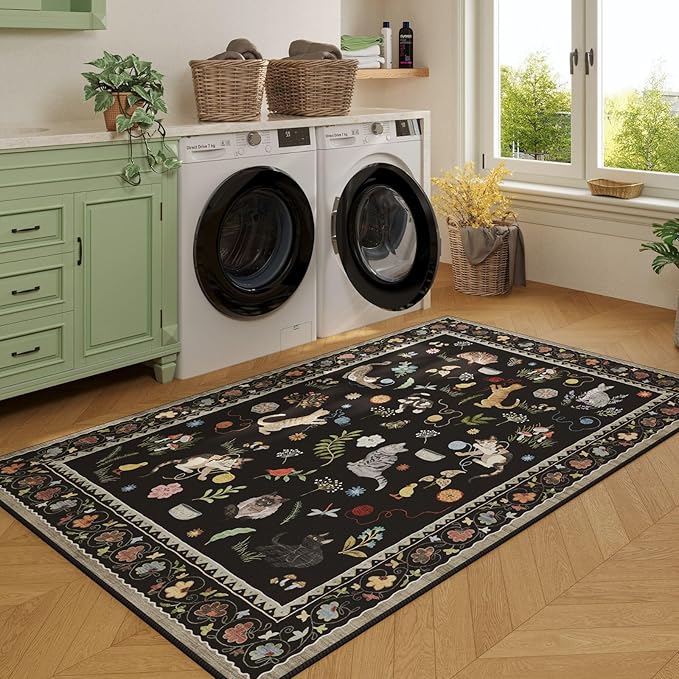 Rugcomf Bedroom Rug 3x5 Rug Washable Area Rug Non Slip Low Pile Boho Floral Animal Cat Small Carpet for Bedroom Bedside Kitchen Entryway Kids Room Office College Dorm Essentials for Girls, Black