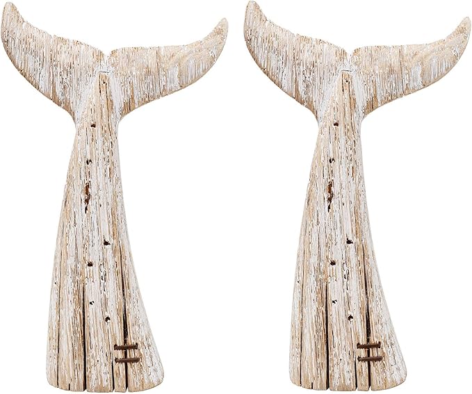 Morning View Whale Tail Decor Tabletop Nautical Decor Wood Whale Sculpture Set of 2 Whale Tail Statue Carved Figurine Coastal Home Beach House Decor Ocean Mediterranean for Shelf Bathroom 13.6 Inch