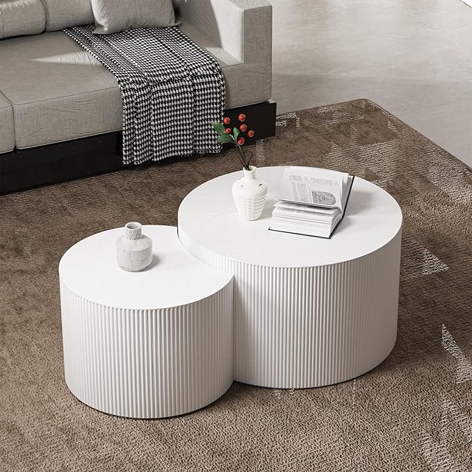 Nesting Coffee Tables Set of 2 Wooden Round Coffee Table Circle Nesting Table Space-Saving Design Modern Coffee Table Round Accent Tables Set for Living Room Bedroom Office (White A D27.5+D19.7“)
