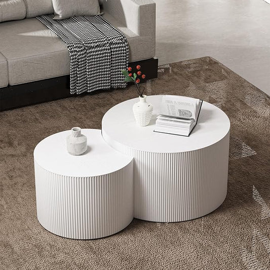Nesting Coffee Tables Set of 2 Wooden Round Coffee Table Circle Nesting Table Space-Saving Design Modern Coffee Table Round Accent Tables Set for Living Room Bedroom Office (White A D27.5+D19.7“)