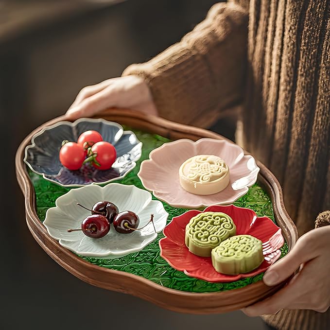 IwaiLoft Glass Serving Tray with The Crabapple Pattern Glass and Walnut for Kitchen Countertop Home Decor for Coffee Table, Also Suitable for Tea Coffee Decorative Trays (Green,14.5" x 10" x 1")