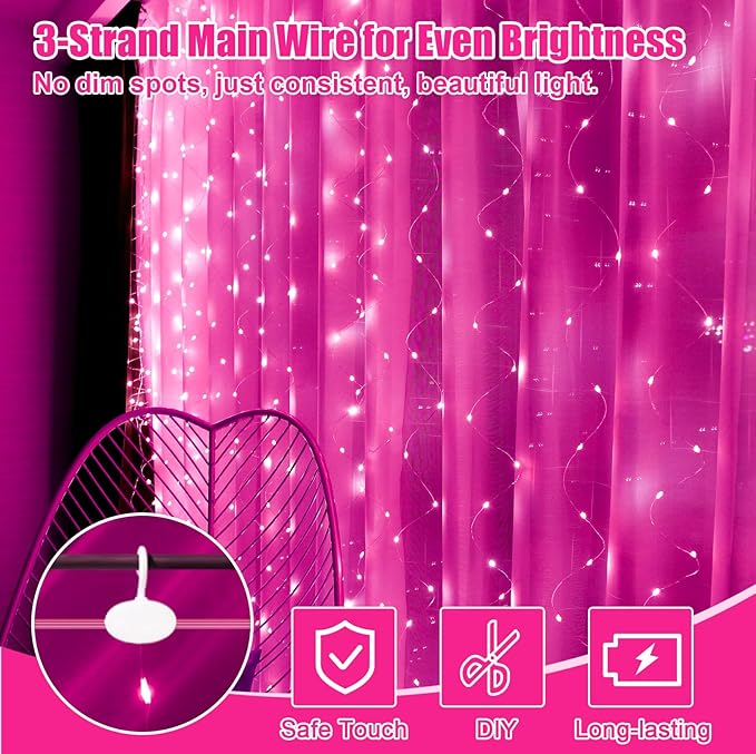 600LED Pink Curtain Lights for Bedroom, 19.6ft x 9.8ft Fairy Curtain String Light with 24 Hooks, 8 Modes Hanging Lights for Wedding, Party, Backdrop, Window, Xmas Decor