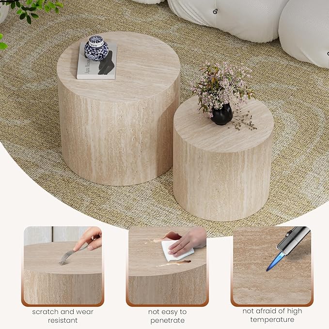 Round Wood Coffee Table Set of 2 Modern Circle Nesting Coffee Table Handcrafted Drum Nesting Table Nesting Coffee Tables for Living Room for Small Space (Travertine (D18.2+D14.6 inch))