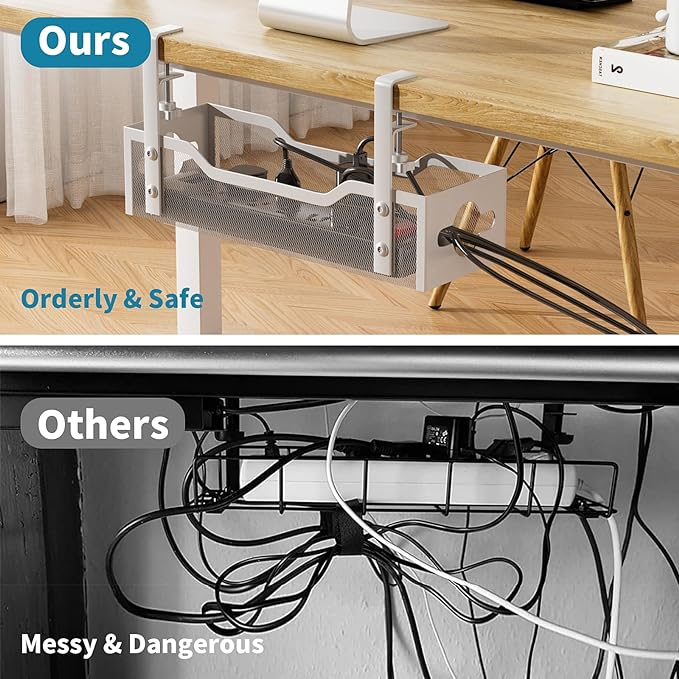 Under Desk Cable Management Tray 2 Pack, No Drill Cable Organizer With Clamp for Standing Desk, Easy to Install Cord Management System, No Damage Wire Organizer