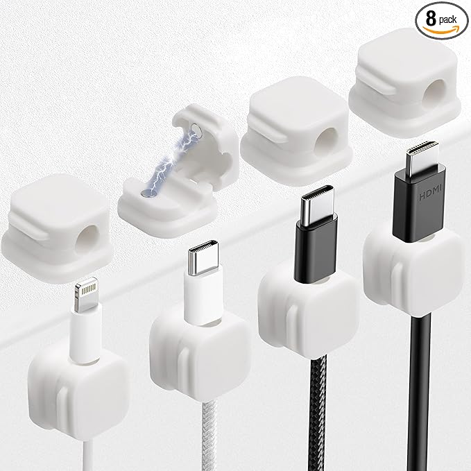 8 Pack Cable Management Clips Home Office Desk Cord Keeper Organizer Accessories Charger Organizer Cord Holder for Nightstand (White)