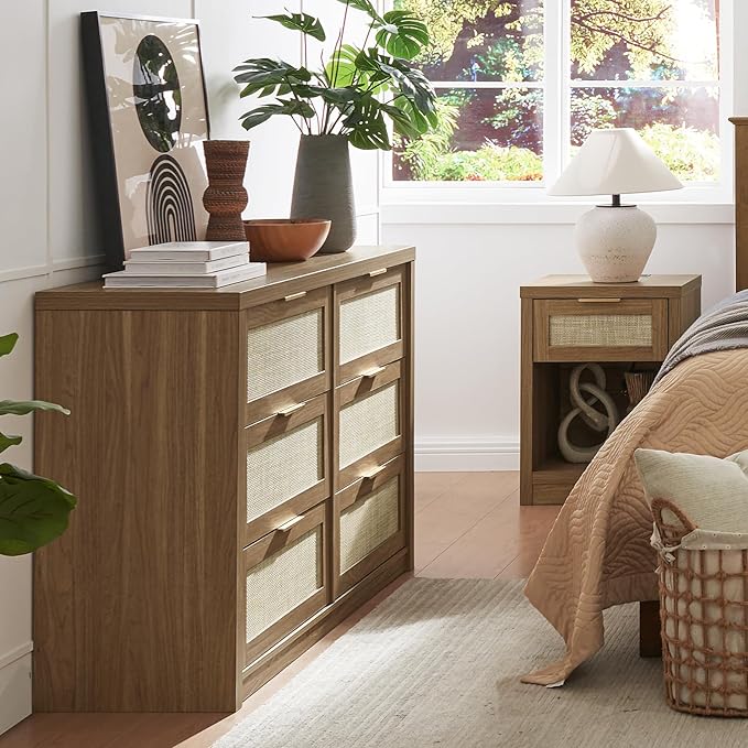 Nightstand Set of 2, Rattan Night Stand with Type-C Charging Station, Bedside Table with Drawer, Boho Bed Side Table End Table Accent Table for Bedroom Living Room (Special Walnut)