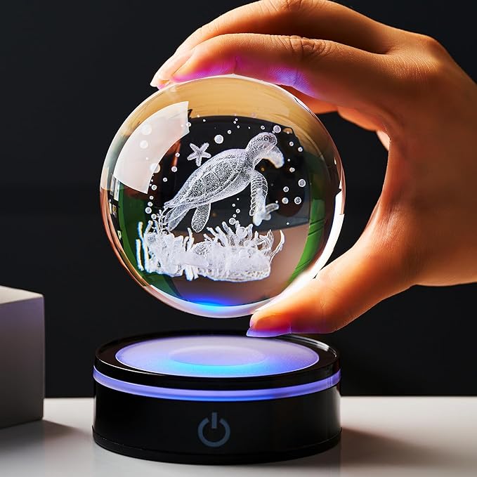 3D Sea Turtle Crystal Ball Figurine with LED Base Laser Ocean Figurines Lover Gifts for Women Men on Christmas Birthday Decorative Ball Sea Turtle Glass Globe Night Light for Room Decorations Crafts