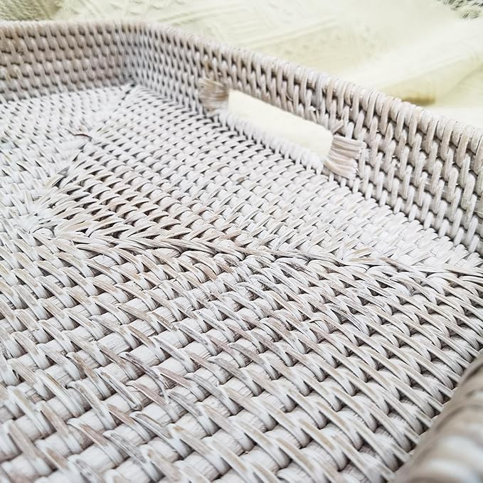 i-lan 17" Handwoven White Washed Natural Rattan Ottoman Serving Tray with Handles-Decorative Wash White Rectangular Wicker Basket Storage Platter for Fruits,Drinks and Table Things
