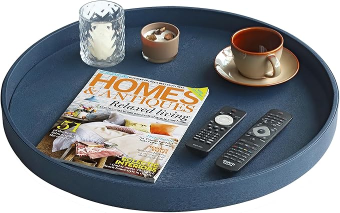 HofferRuffer Large Round Serving Tray 24'', Elegant Faux Leather Circle Ottoman Table Tray, Serve Tea Coffee Breakfast in Bedroom Living Room Kitchen (Blue)