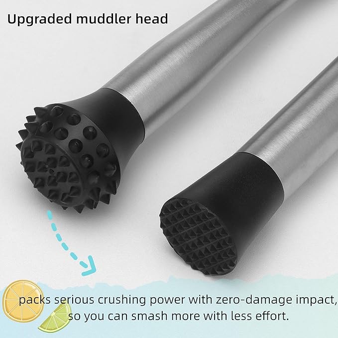 8'' & 12" Stainless Steel Cocktail Muddler & Long Handle Mixing Spoon Set - Professional Bar Tools for Mojitos, Fruit Drinks & Craft Cocktails | Heavy-Duty Stirring & Muddler Kit