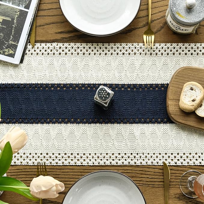 Artoid Mode Dark Blue Farmhouse Rustic Table Runner, Seasonal Holiday Hollow Kitchen Dining Table Decoration for Home Party Decor 12x108 Inch