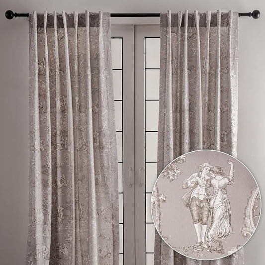 Maison d' Hermine Curtains for Living Room 100% Cotton 96 inch Length Two Panels Light Filtering Toile Curtains for Bedroom Windows with Rod and Loop Pockets Drapes (Joli Jouy Beige, 50" W x 96" L)