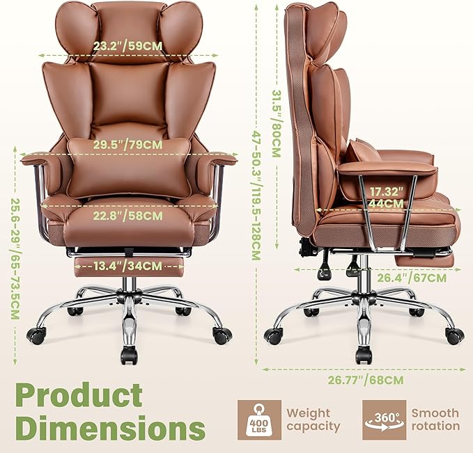 Office Chair 400LBS, Executive Chair High Back Adjustable Managerial Home Desk Chair with Footrest, Big and Tall Office Chairs with Lumbar Support, Brown