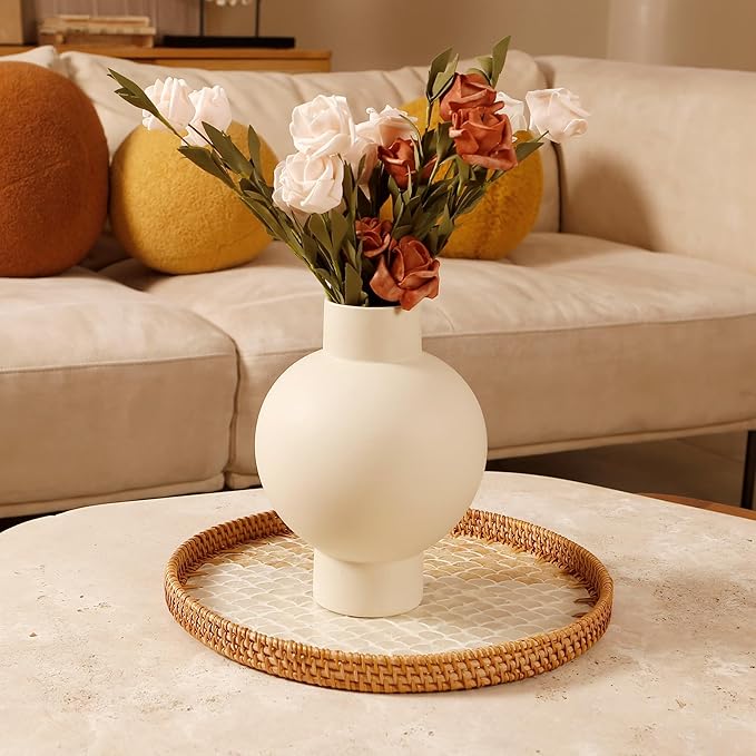 Round Rattan Tray with Mother of Pearl Inlay & Wooden Base - Decorative Wicker Serving Tray for Coffee/Bread/Fruits, Food Storage & Display - Multipurpose Home Decor (L,Fish Scales)