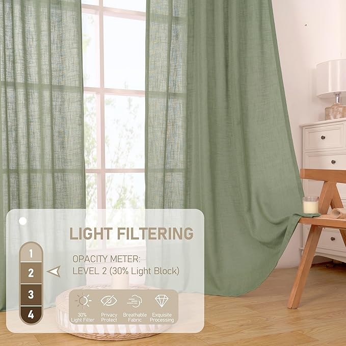 LAMIT Sage Green Linen Curtains for Living Room, 78 inch Length, Light Filtering Semi Sheer Panels with Back Tab and Rod Pocket, Christmas Panels for Bedroom/Sliding Glass Door, 52 x 78 Inch