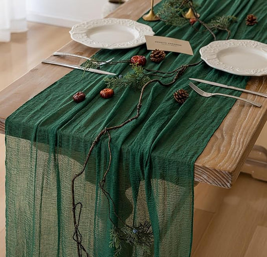 Table Runner Emerald Green Cheesecloth Gauze 120 Inch 10 FT Rustic Boho Cheese Cloth Table Runner for Wedding Baby Shower Bridal Shower Party Long Sheer Holiday Home Decorations
