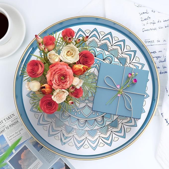 Round Cyan Decorative Tray for Coffee Table, Ottoman, 13” Plastic Serving Platter Tray with Handles for Entertaining, Living Room