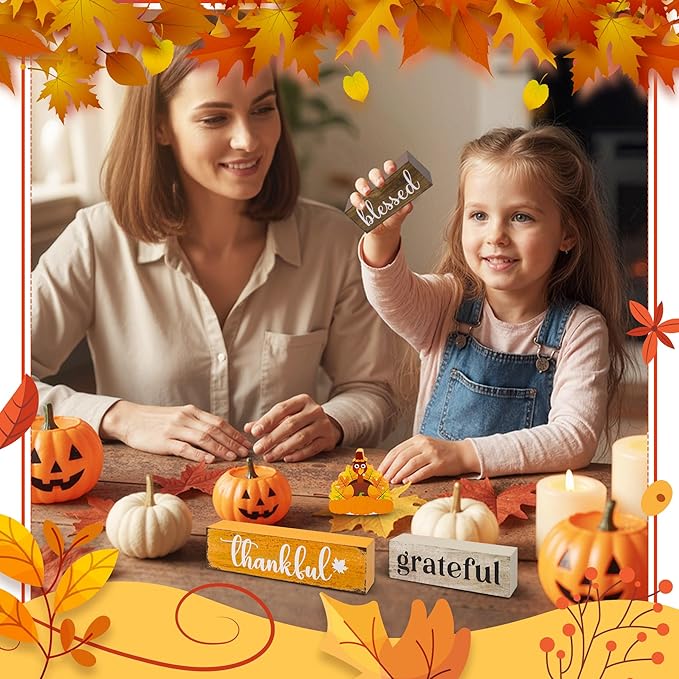 4 Pcs Thanksgiving Wooden Tiered Tray Decor, Blessed Grateful Thankful Decorations Gifts for Home, Fall Table Centerpiece for Fall Party Kitchen