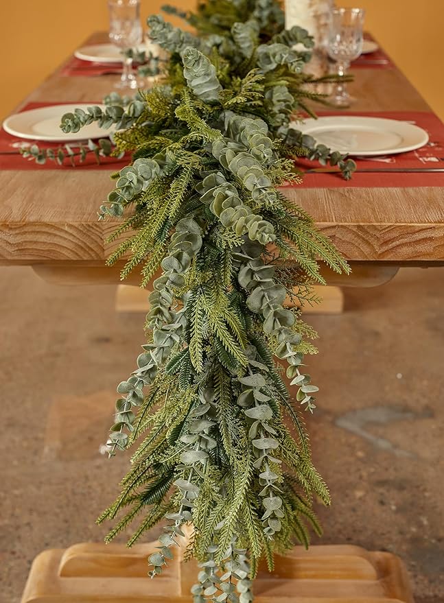 9ft Handmade Christmas Garland,Artificial Eucalyptus Cedar Pine Needles Greenery Seasonal Garland for Christmas Fireplace Winter Holiday Indoor Outdoor Decoration
