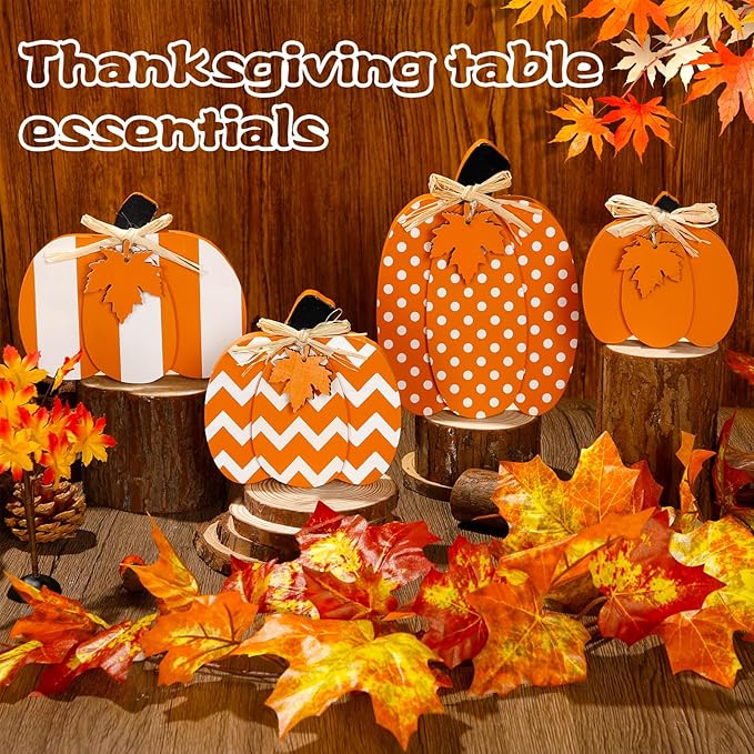 4 Pcs Fall Pumpkin Decor 3D Pumpkin Wooden Tabletop Signs Farmhouse Thanksgiving Autumn Standing Table Centerpieces Rustic Tiered Tray Decor for Home Kitchen Harvest Party(Orange and White)
