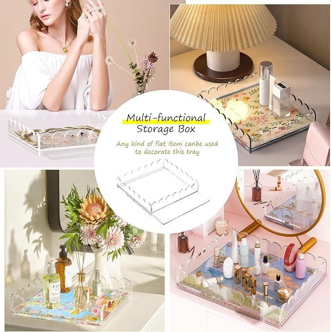 Acrylic Tray with Slide-Out Drawer,Clear Scalloped Decorative Tray for Displaying Needlepoint,Fabric,or Photos,Custom Serving Tray Organizer for Home Decor,9"x9"