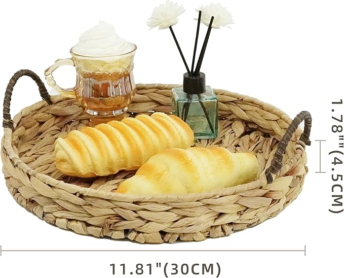 Water Hyacinth Round Tray Natural Coffee Table Tray with Handles Ottoman Table Trays for Coffee, Breakfast and Dinner, 11.8-inch,Decoratve Serving Trays.