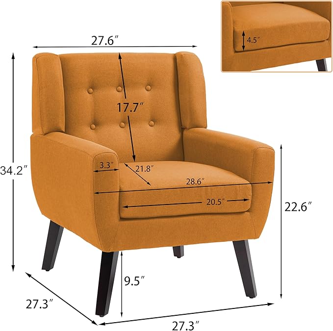UIXE Accent Chair, Modern Upholstered Armchair in Fabric for Living Room, Comfy Club Arm Chairs Single Sofa Button Tufted Bedroom Reading Seat - Orange, Set of 2