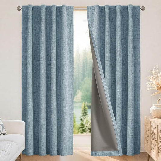 Joydeco Blackout Curtains for Bedroom - 100% Light Blocking 2 Panels Sky Blue Drapes 42" W x 72" L, Thermal Insulated Room Darkening Curtains, Linen Textured for Living Room, Rod Pocket & Back Tabs