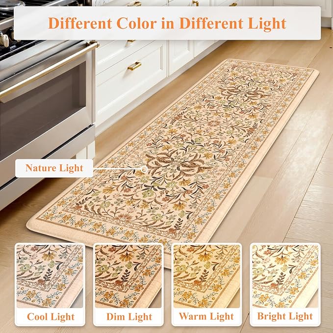 Collive Kitchen Mats for Floor, Cushioned Anti Fatigue Mat Non Skid Waterproof Kitchen Rugs Set of 2, Fall Orange Floral Comfort Standing Rug for Sink, Laundry, Home Decor, 17"x29"+17"x47"
