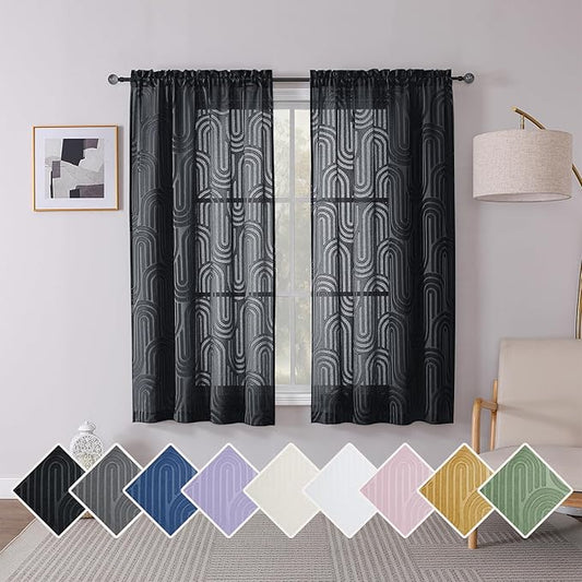 Simplebrand Black Sheer Curtains 63 Inch Length 2 Panels, Light Filtering Semi Sheer Curtains for Bedroom, Geometric Jacquard Clip Textured Window Semi Sheer Curtains Drapes, 42" Wx63 L