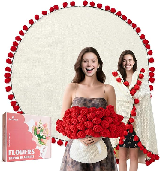 Flower Bouquet Blanket Gifts for Mom Grandma Wife Girlfriend,Completed Crochet Flower Blanket,Soft Knitted Throw Blankets,Gifts for Her Christmas Birthday Anniversary (Red Roses)