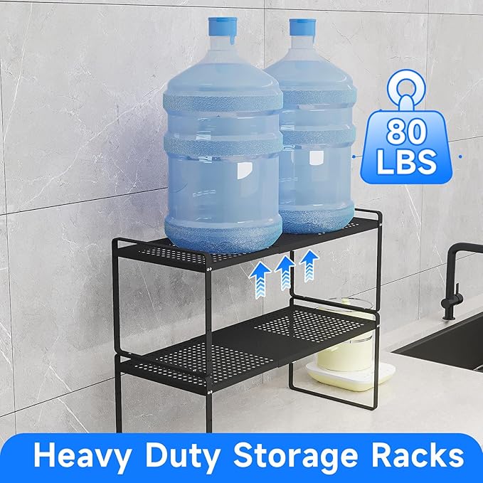 Expandable Cabinet Shelf Organizers, Kitchen Small Stand Rack Organization for Tabletop Countertop Cupborad Pantry, Black 2 Pack