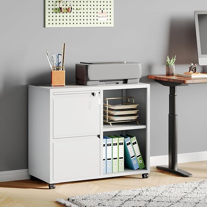 DEVAISE Metal Lateral File Cabinet with Lock, 2 Drawer Mobile Filing Cabinet with Shelf, Rolling Printer Stand fits Letter/A4 Size for Home Office, White