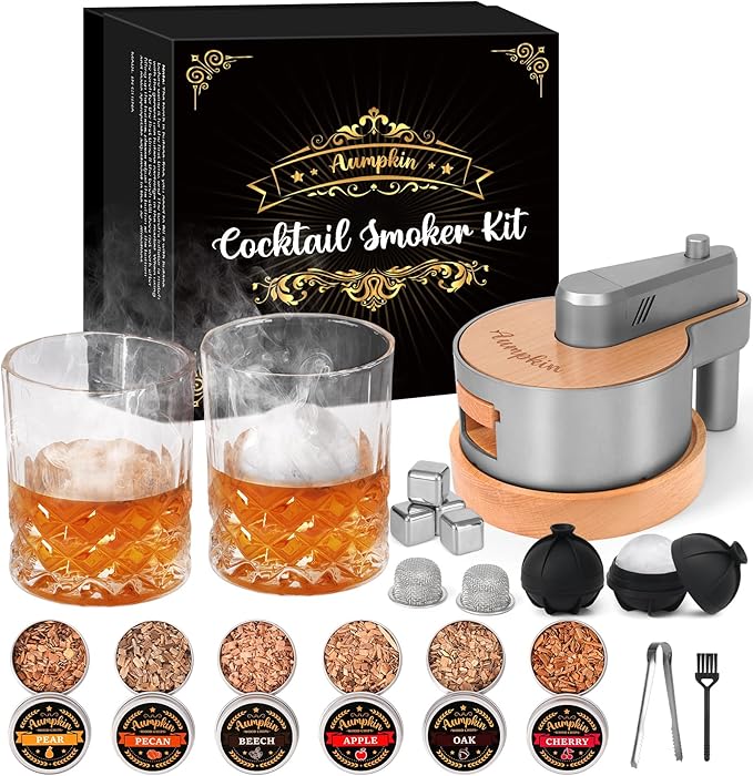Premium Whiskey Smoker Kit with Torch, 6 Flavors Wood Chips, 2 Glasses, 2 Ice Ball Molds, Old Fashioned Drink Cocktail Smoker Kit, Birthday Bourbon Gifts for Men, Dad, Husband, Sliver Grey (NO Butane)