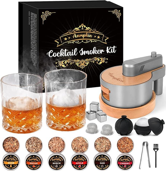 Premium Whiskey Smoker Kit with Torch, 6 Flavors Wood Chips, 2 Glasses, 2 Ice Ball Molds, Old Fashioned Drink Cocktail Smoker Kit, Birthday Bourbon Gifts for Men, Dad, Husband, Sliver Grey (NO Butane)