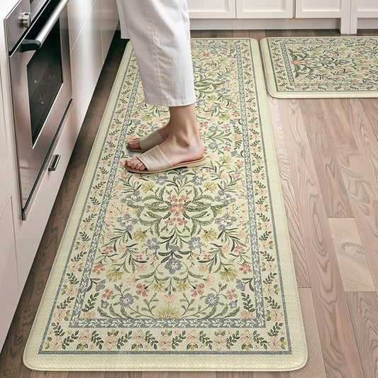 Collive Kitchen Mats for Floor 2PCS, Cushioned Anti Fatigue Rugs Non Slip Waterproof Kitchen Sink Mat, Floral Comfort Standing Mat for Bar, Office, Desk, Home Decor, Beige 20" x 47" + 20" x 32"
